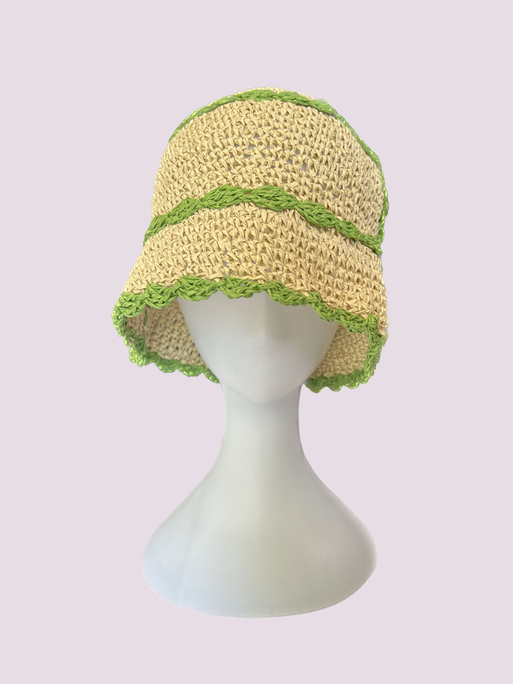 Knit Beige Green Crochet Bucket Hat