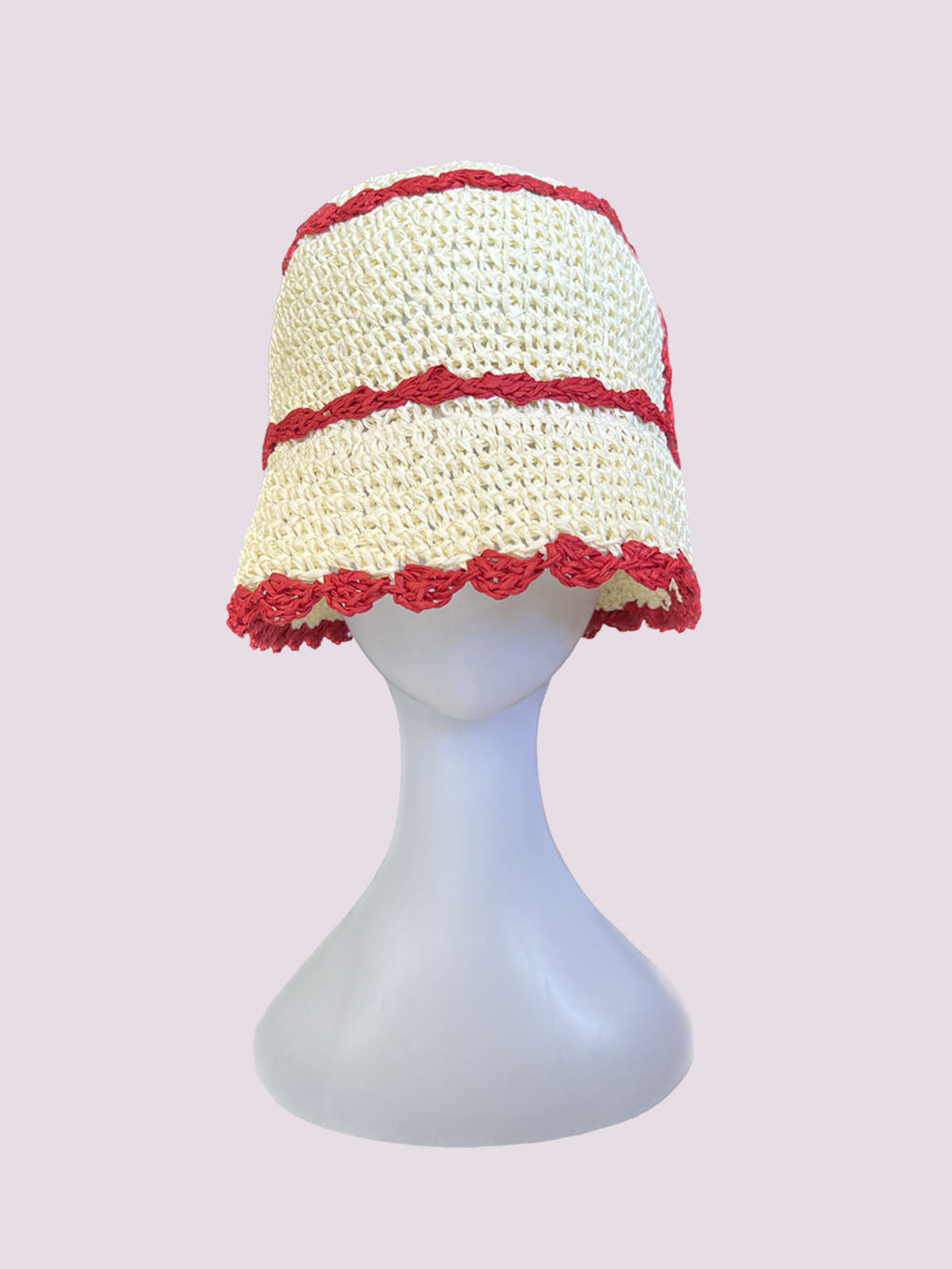 Knit Beige Red Crochet Bucket Hat